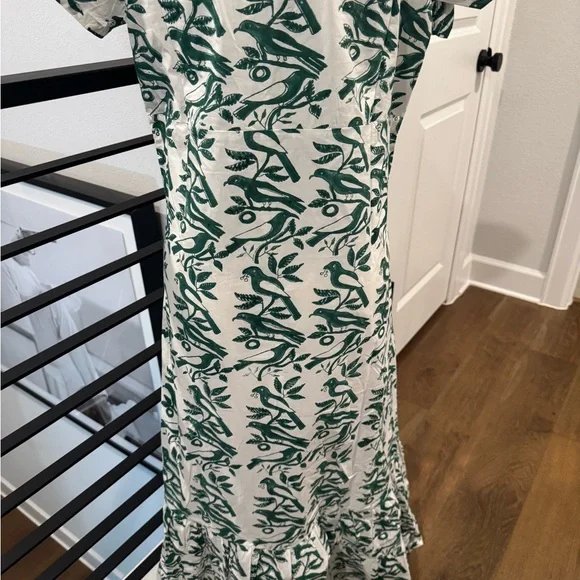 Ex Voto 100% Cotton White Green Bird Block Printed Maxi Dress Green NWT SZ M - Picture 9 of 11